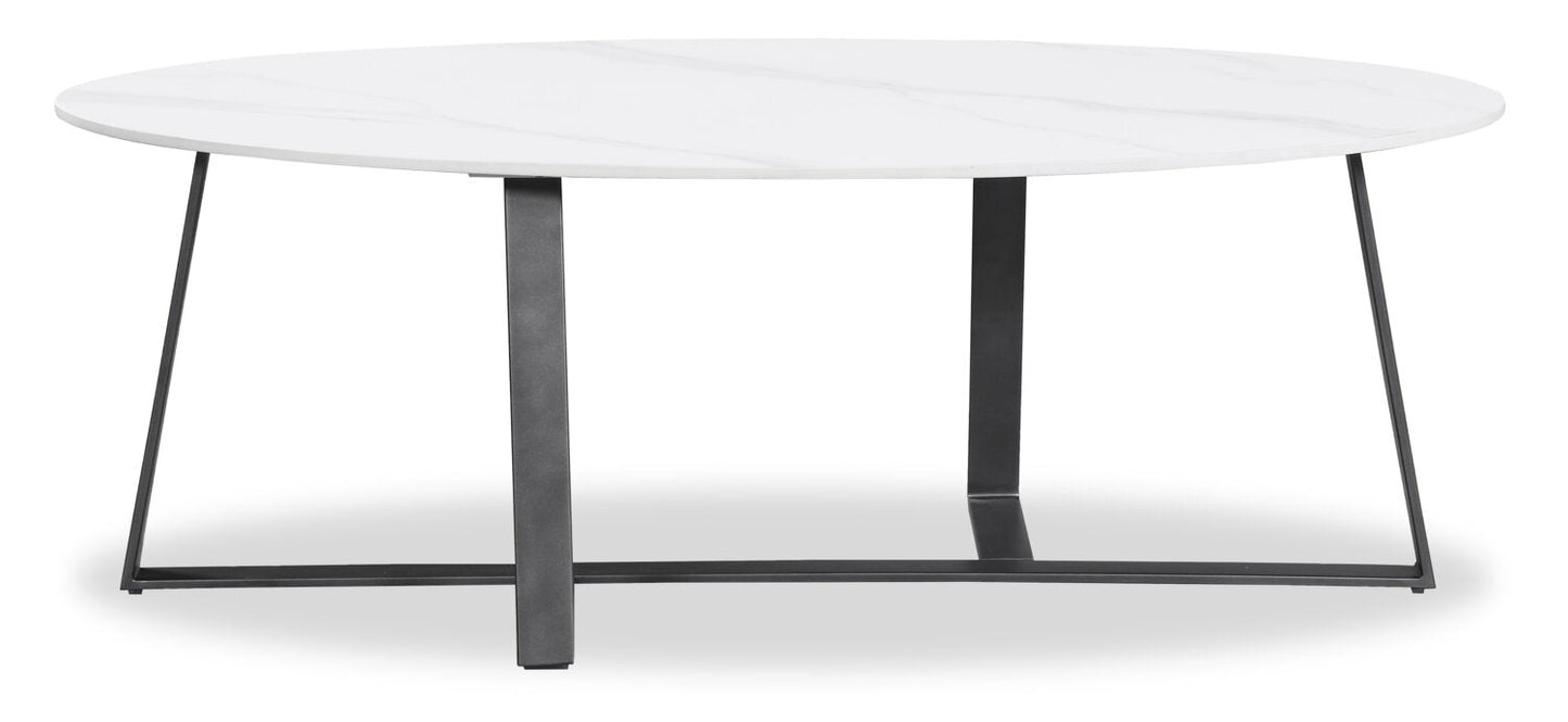 Kort & Co. Nico 51" Modern Oval Coffee Table - White Sinetered Stone with Dark Grey Metal Legs|Table à café ovale moderne Nico de Kort & Co. de 51 po - pierre frittée blanche avec pattes en métal gris foncé