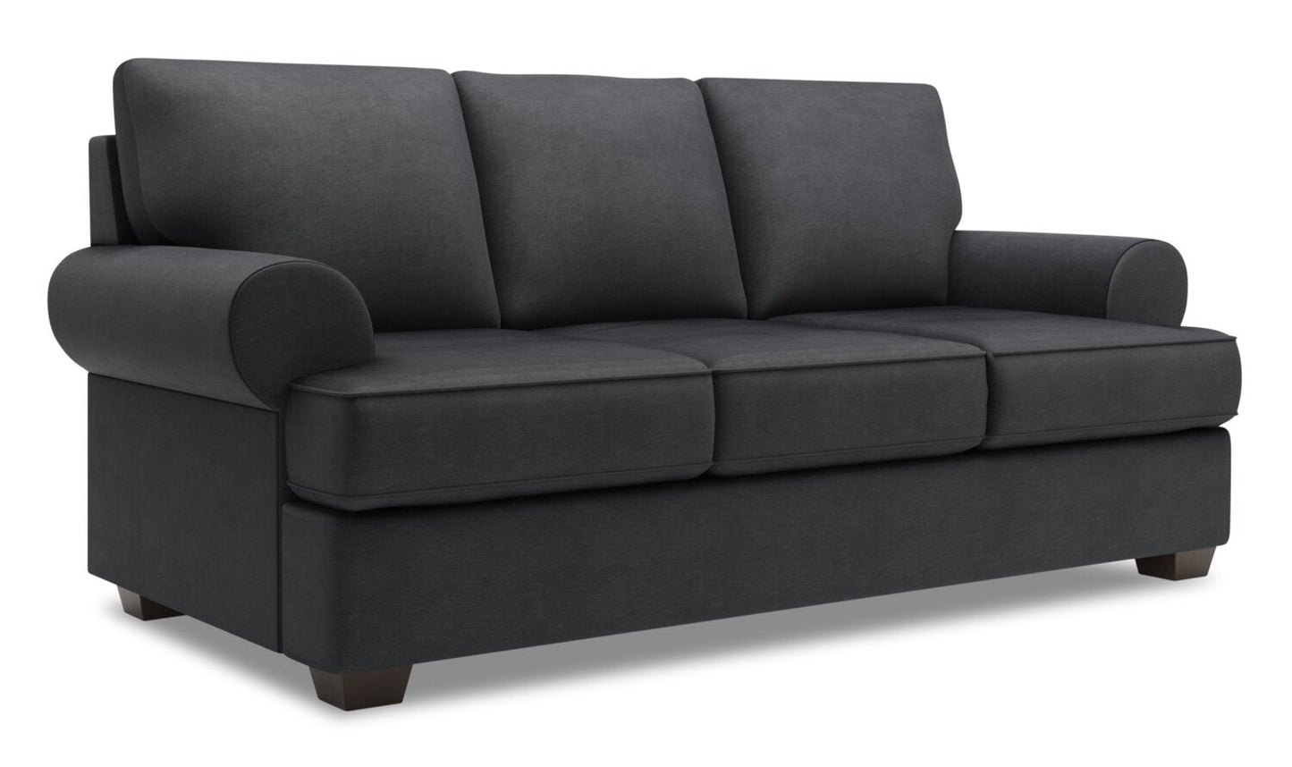 Made in Canada Customizable Sofa Lab Roll 86" Linen-Look Fabric Sofa with Rolled Arms - Pax Pepper Grey | Sofa Roll de Sofa Lab de 86 po fabriqué au Canada en tissu d’apparence lin avec accoudoirs enroulés - gris Pax Pepper | RO102949