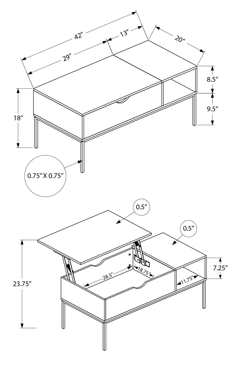 Bence 42" Modern Lift Top Coffee Table with Storage - Taupe with Black Metal Legs|Table à café moderne Bence de 42 po avec dessus relevable et rangement - taupe avec pattes en métal noir
