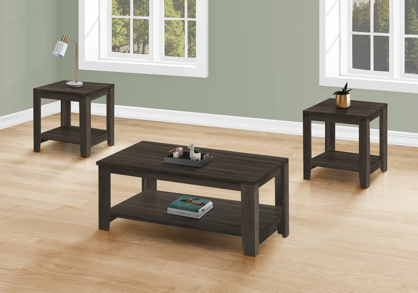 Lincoln 42" Traditional 3-Pack Coffee + 2 End Tables with Shelf - Black Brown |Ensemble 3 tables traditionnelles Lincoln de 42 po (table à café et 2 tables de bout) avec tablette - brun-noir