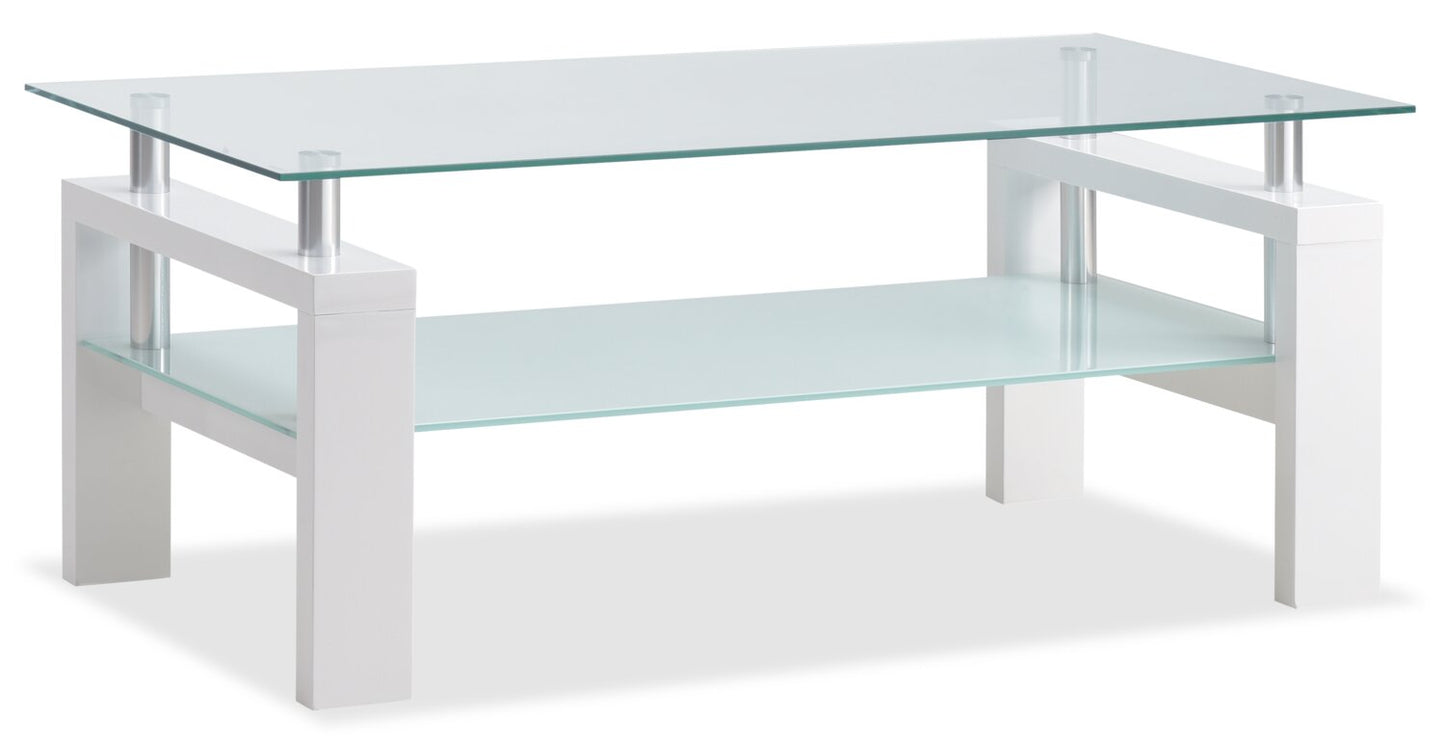 Harvy 47.25" Modern Glass Top Coffee Table with Shelf - White |Table à café moderne Harvy de 47,25 po avec dessus en verre et tablette - blanche