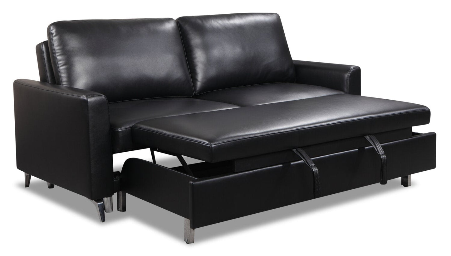 Wilson 77.5" Leather-Look Fabric Sleeper Sofa with Drop-Down Back Cushions and Metal Legs - Black | Sofa-lit Wilson de 77,5 po en tissu d’apparence cuir avec coussins de dossier rabattables et pattes en métal - noir