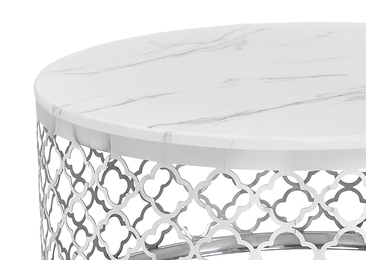 Belle 36" Glam Round Sofa Table - White Marble Top with Stainless Steel Base|Table de salon ronde somptueuse Belle de 36 po - dessus en marbre blanc avec base en acier inoxydable