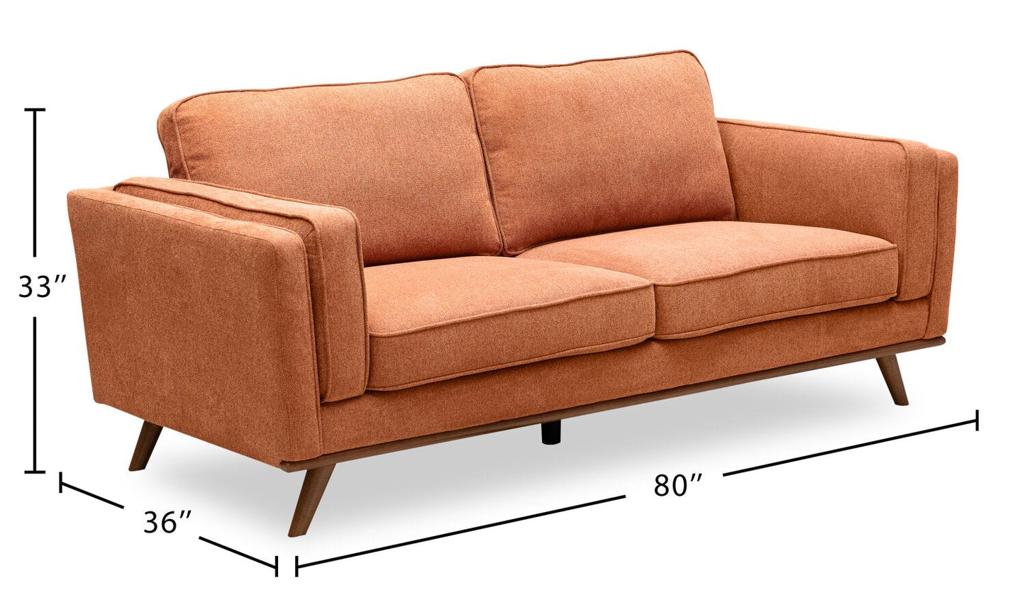 Kort & Co. Kassia 80" Linen-Look Fabric Condo Size Sofa with Wood Base and Legs - Orange | Sofa Kassia de Kort & Co. de 80 po de format condo en tissu d’apparence lin avec base et pattes en bois - orange