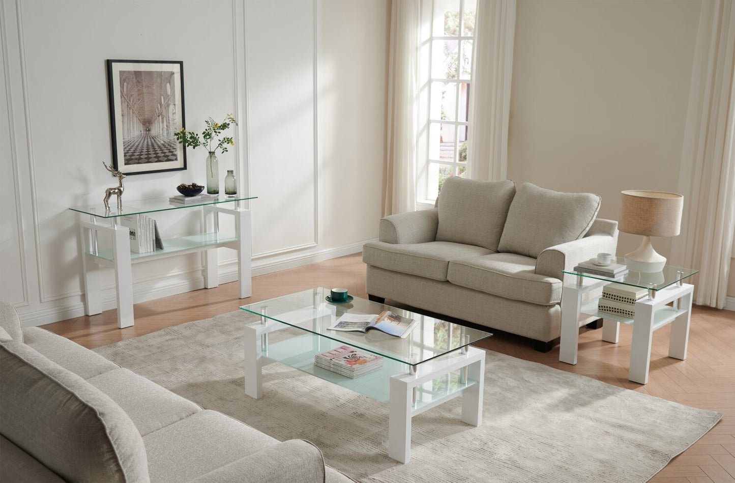 Harvy 47.25" Modern Glass Top Coffee Table with Shelf - White |Table à café moderne Harvy de 47,25 po avec dessus en verre et tablette - blanche