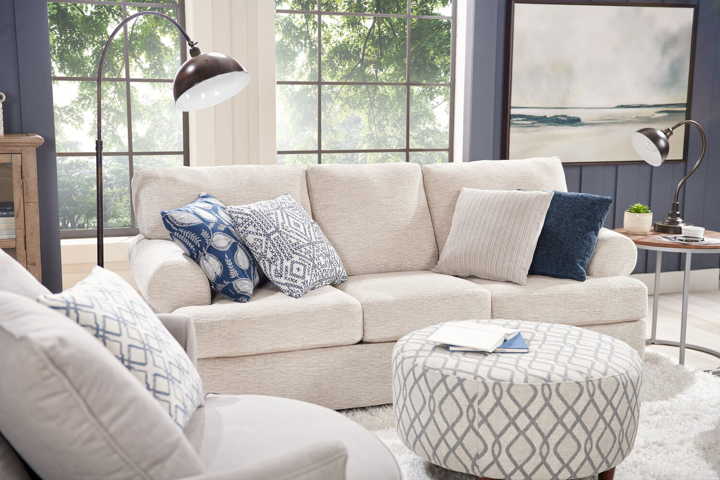 Made in Canada Customizable Sofa Lab Roll 86" Chenille Fabric Sofa with Rolled Arms - Luxury Sand Beige | Sofa Roll de Sofa Lab de 86 po fabriqué au Canada en tissu de chenille avec accoudoirs enroulés - beige Luxury Sand | RO103093