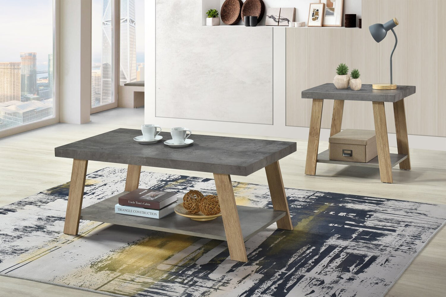 Kelly 43.3" Modern Coffee Table with Shelf - Grey Stone Top with Light Wood Legs|Table à café moderne Kelly de 43,3 po avec tablette - dessus en pierre grise avec pattes en bois clair