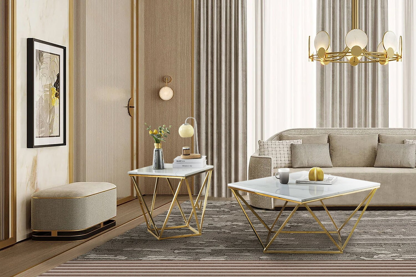 Amanda 31.5" Modern Square Coffee Table - White Marble Top with Gold Metal Base | Table à café carrée moderne Amanda de 31,5 po - dessus en marbre blanc avec base en métal doré