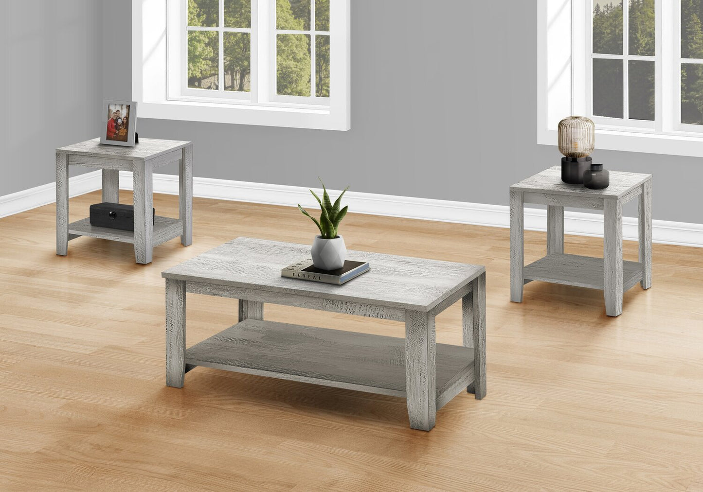 Lincoln 42" Traditional 3-Pack Coffee + 2 End Tables with Shelf - Grey |Ensemble 3 tables traditionnelles Lincoln de 42 po (table à café et 2 tables de bout) avec tablette - gris