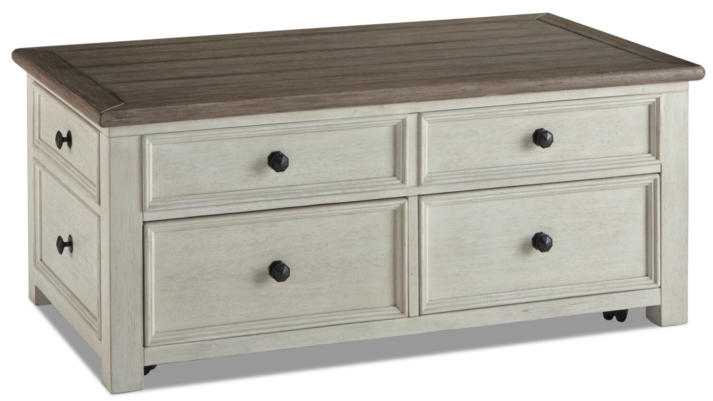 Colby 46" Rustic Lift Top Coffee Table with Storage and Casters - Two Tone Wood|Table à café rustique Colby de 46 po avec dessus relevable, rangement et roulettes - bois deux teintes