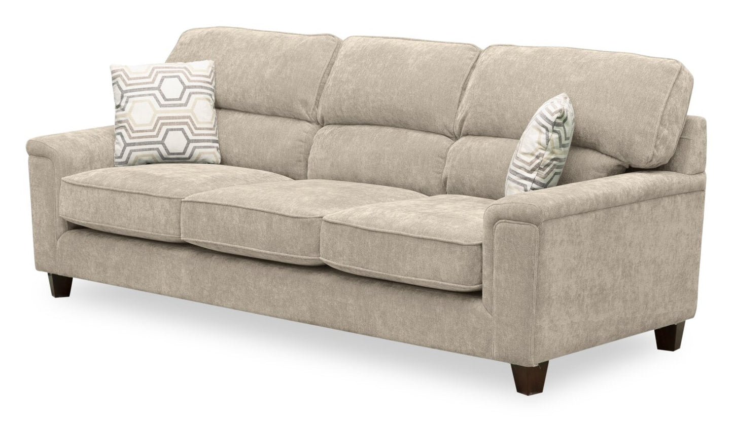 Lyric 88.1" Chenille Fabric Sofa with Reversible Seat Cushions, Accent Pillows and Wood Legs - Taupe | Sofa Lyric de 88,1 po en tissu de chenille avec coussins de siège réversibles, coussins décoratifs et pattes en bois - taupe