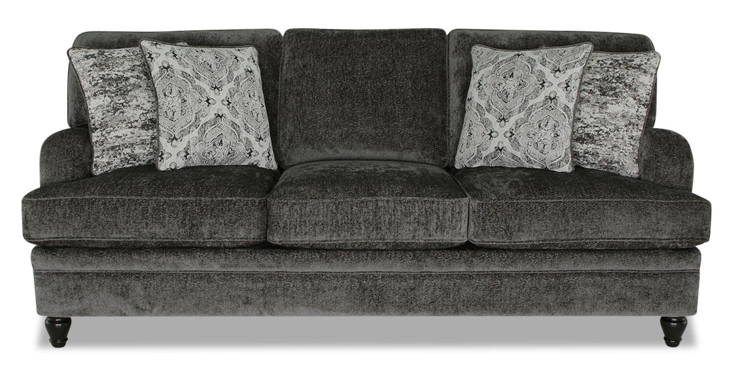 Made in Canada Bellmont 89" Chenille Fabric Sofa with Reversible Cushions and Wood Legs - Charcoal Grey | Sofa Bellmont de 89 po fabriqué au Canada en tissu de chenille avec coussins réversibles et pattes en bois - gris anthracite