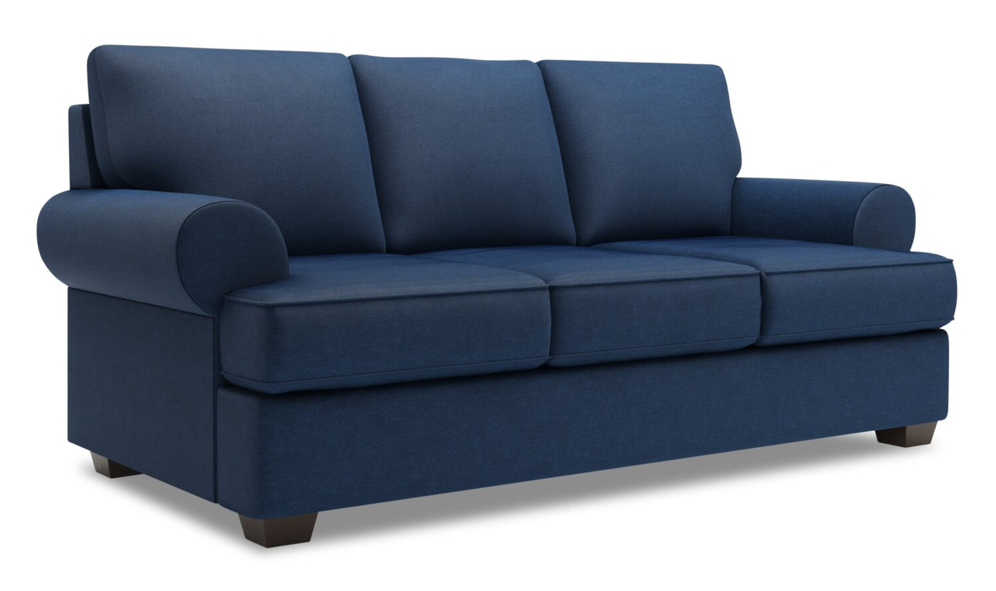 Made in Canada Customizable Sofa Lab Roll 86" Linen-Look Fabric Sofa with Rolled Arms - Pax Navy Blue | Sofa Roll de Sofa Lab de 86 po fabriqué au Canada en tissu d’apparence lin avec accoudoirs enroulés - bleu Pax Navy | RO103149