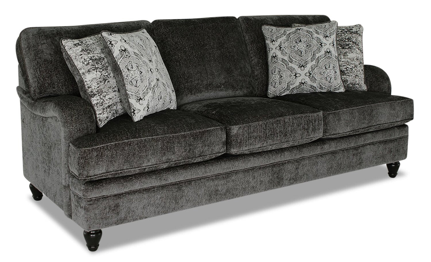 Made in Canada Bellmont 89" Chenille Fabric Sofa with Reversible Cushions and Wood Legs - Charcoal Grey | Sofa Bellmont de 89 po fabriqué au Canada en tissu de chenille avec coussins réversibles et pattes en bois - gris anthracite