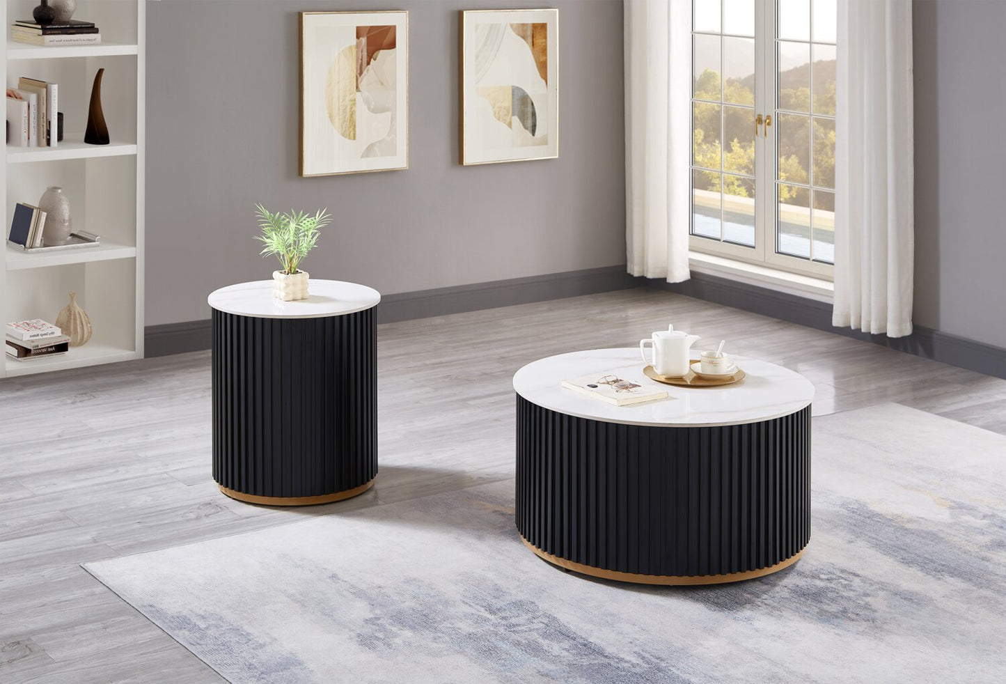 Kort & Co. Capri 32” Modern Round Coffee Table with White Sintered Stone Top and Casters - Black and Gold | Table à café ronde moderne Capri de Kort & Co. de 32 po avec dessus en pierre frittée blanche et roulettes - noire et dorée