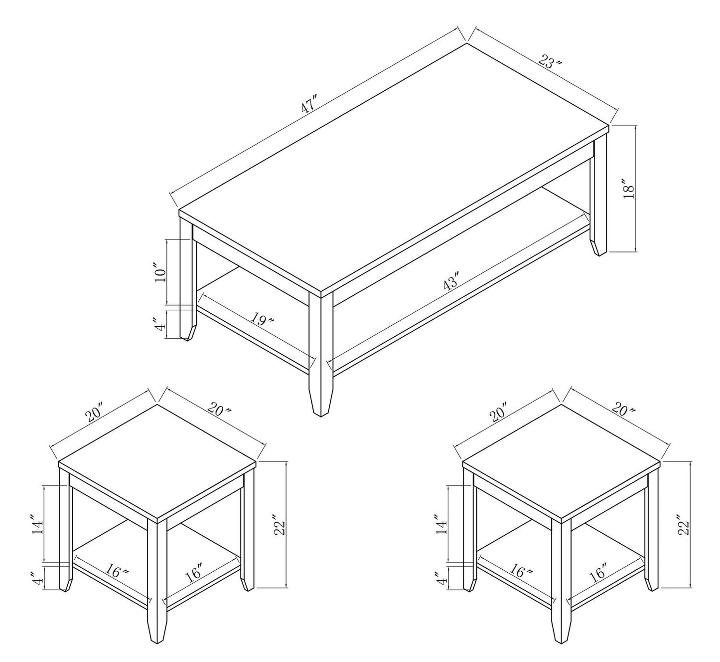 Aspen 47.3" Traditional 3-Pack Coffee + 2 End Tables - White | Ensemble 3 tables traditionnelles Aspen de 47,3 po (table à café et 2 tables de bout) - blanc