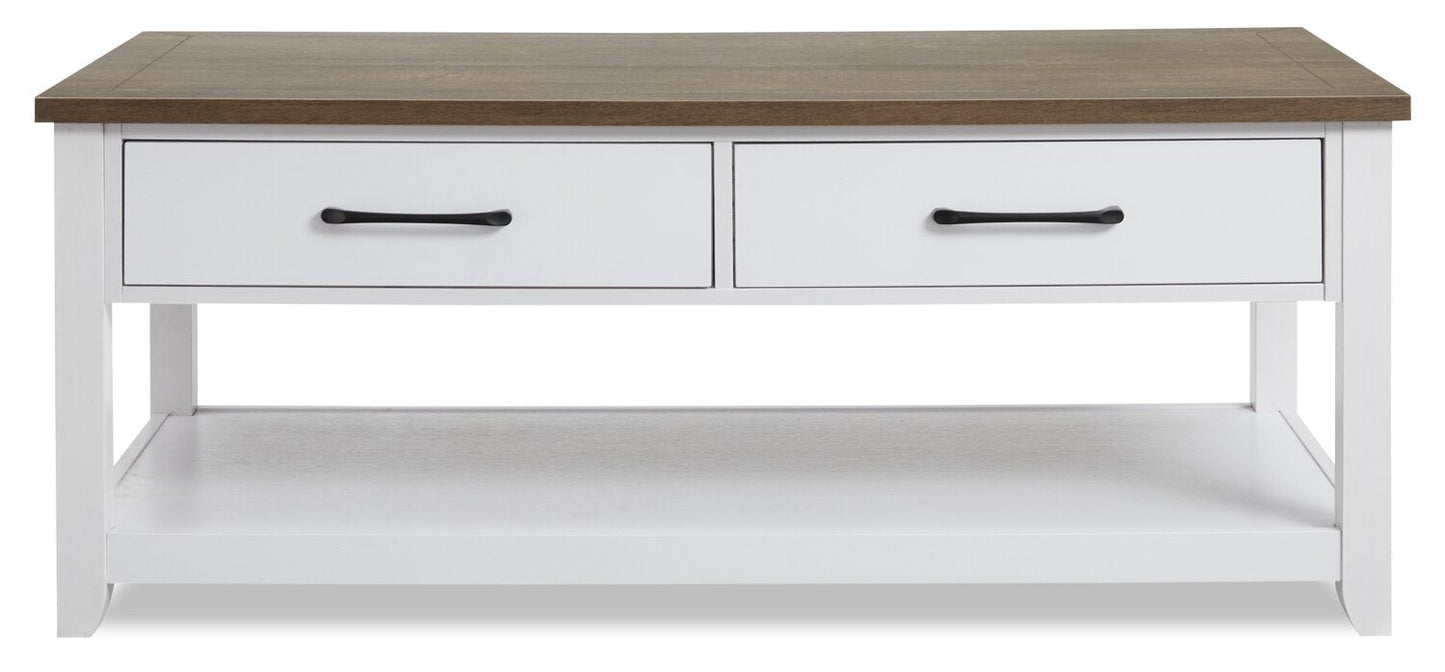 Kort & Co. Logan 23.25" Traditional Coffee Table with Storage and Shelf - White and Walnut Oak |Table à café traditionnelle Logan de Kort & Co. de 23,25 po avec rangement et tablette - blanche et chêne noyer