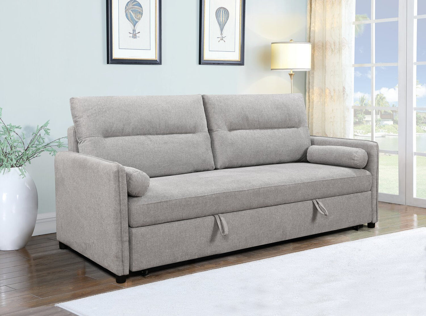 Shadow 82.5" Linen-Look Fabric Sleeper Sofa with Storage and Two Armrest Pillows - Grey | Sofa-lit Shadow de 82,5 po en tissu d’apparence lin avec rangement et deux accoudoirs coussinés - gris
