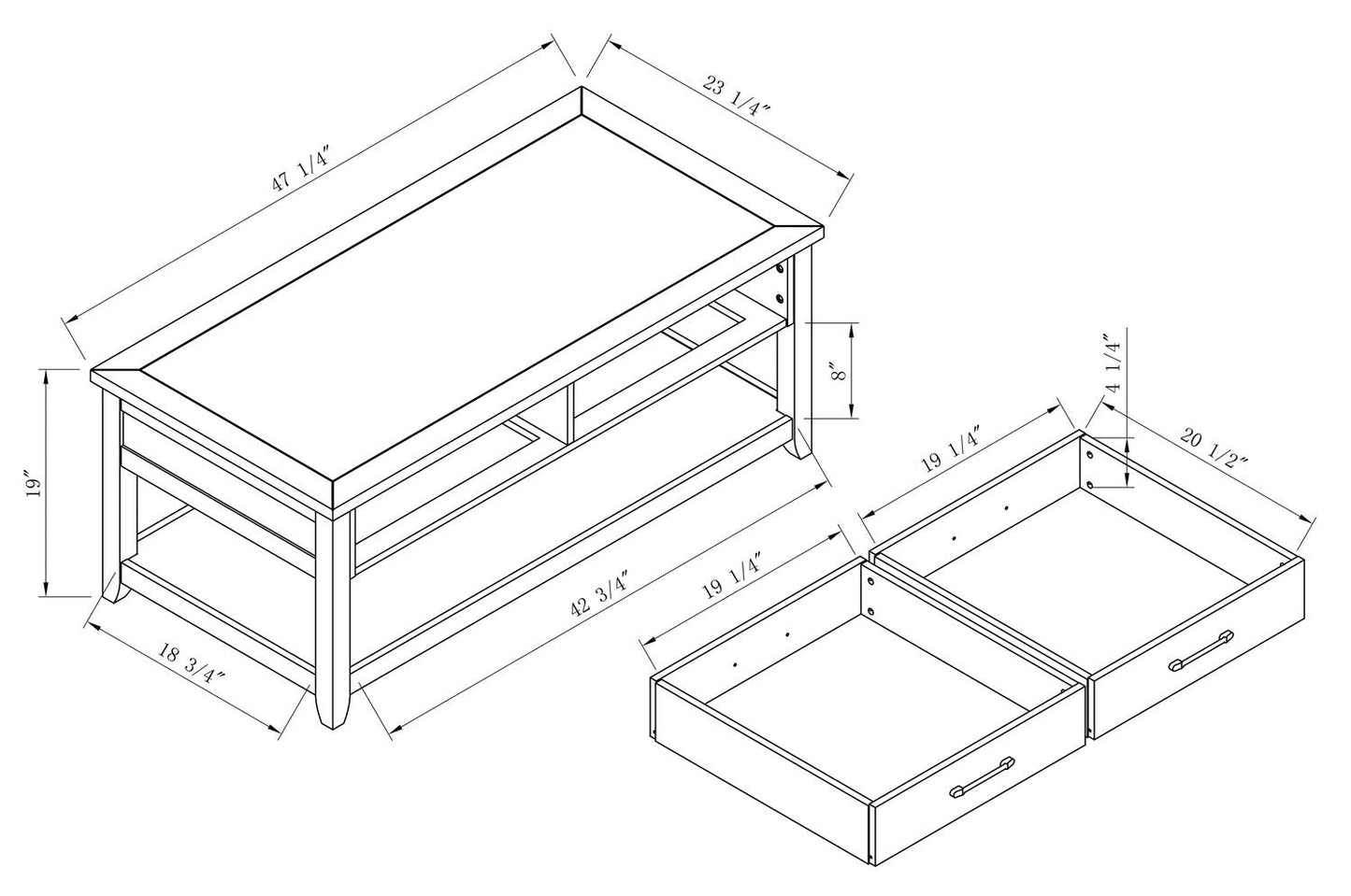 Kort & Co. Logan 23.25" Traditional Coffee Table with Storage and Shelf - White and Walnut Oak |Table à café traditionnelle Logan de Kort & Co. de 23,25 po avec rangement et tablette - blanche et chêne noyer