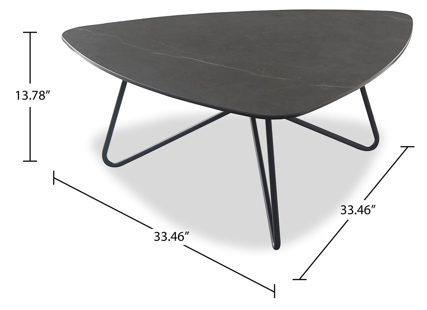 Hamilton 37.99" Modern Triangular Coffee Table - Grey Marble Look Top with Black Metal Legs|Table à café triangulaire moderne Hamilton de 37,99 po - dessus en imitation de marbre gris avec pattes en métal noir