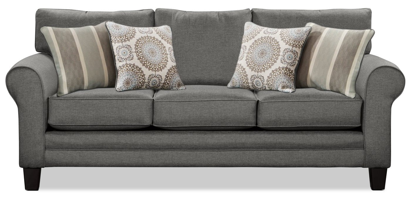 Made in Canada Tula 88" Fabric Sofa with Rolled Arms and Accent Pillows - Steel Grey | Sofa Tula de 88 po fabriqué au Canada en tissu avec accoudoirs enroulés et coussins décoratifs - gris acier