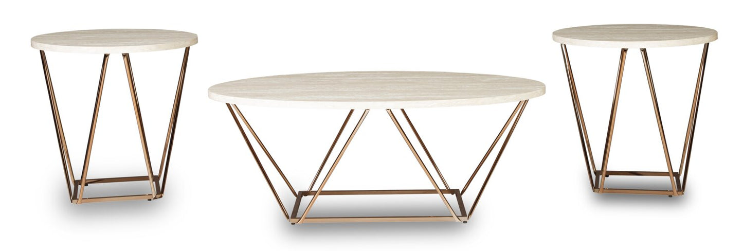 Tarica 47" Modern Oval 3-Pack Coffee + 2 End Tables - Cream and Gold with Metal Legs|Ensemble 3 tables ovales modernes Tarica de 47 po (table à café et 2 tables de bout) - crème et doré avec pattes en métal