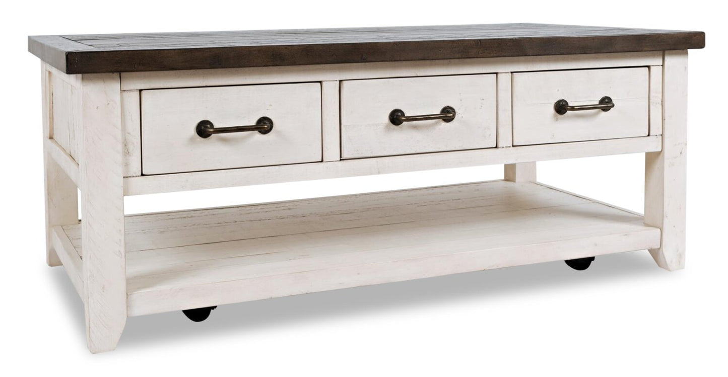 Morgan 48" Rustic Coffee Table With Storage, Shelf and Casters - White with Reclaimed Wood|Table à café rustique Morgan de 48 po avec rangement, tablette et roulettes - blanche avec bois recyclé
