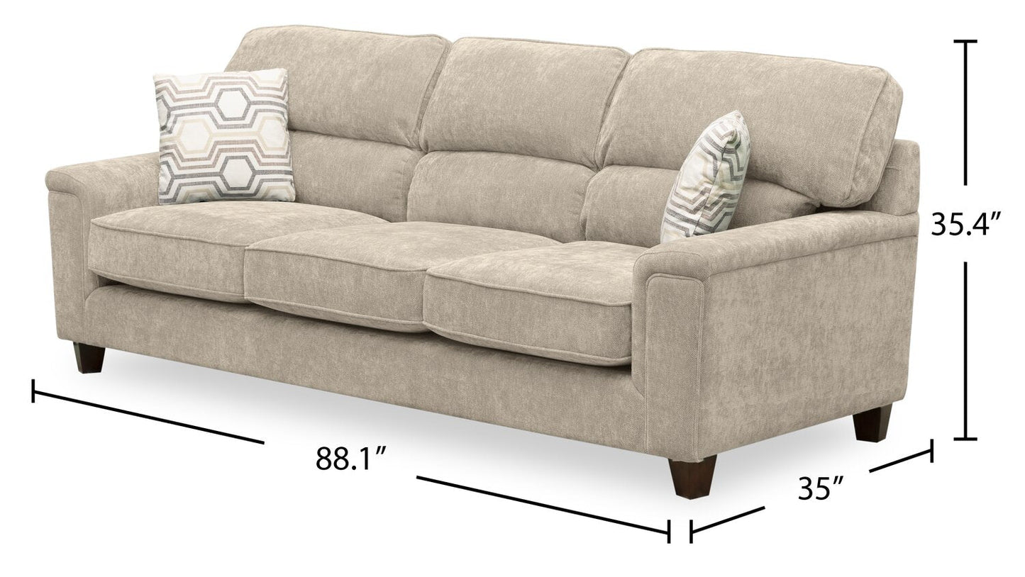 Lyric 88.1" Chenille Fabric Sofa with Reversible Seat Cushions, Accent Pillows and Wood Legs - Taupe | Sofa Lyric de 88,1 po en tissu de chenille avec coussins de siège réversibles, coussins décoratifs et pattes en bois - taupe