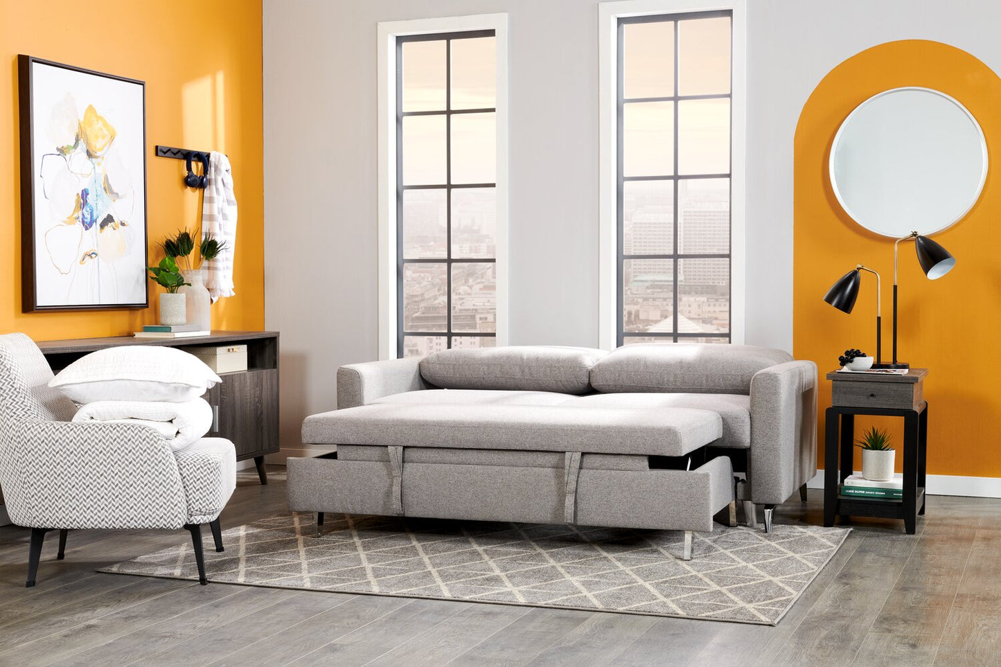 Wilson 77.5" Linen-Look Fabric Sleeper Sofa with Drop-Down Back Cushions and Metal Legs - Solis Grey | Sofa-lit Wilson de 77,5 po en tissu d’apparence lin avec coussins de dossier rabattables et pattes en métal - gris Solis