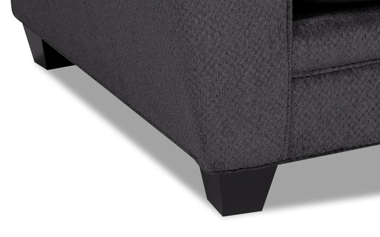 Made in Canada Febe 100" Chenille Fabric Sofa with Flared Arms and Accent Pillows - Charcoal Grey | Sofa Febe de 100 po fabriqué au Canada en tissu de chenille avec accoudoirs évasés et coussins décoratifs - gris anthracite