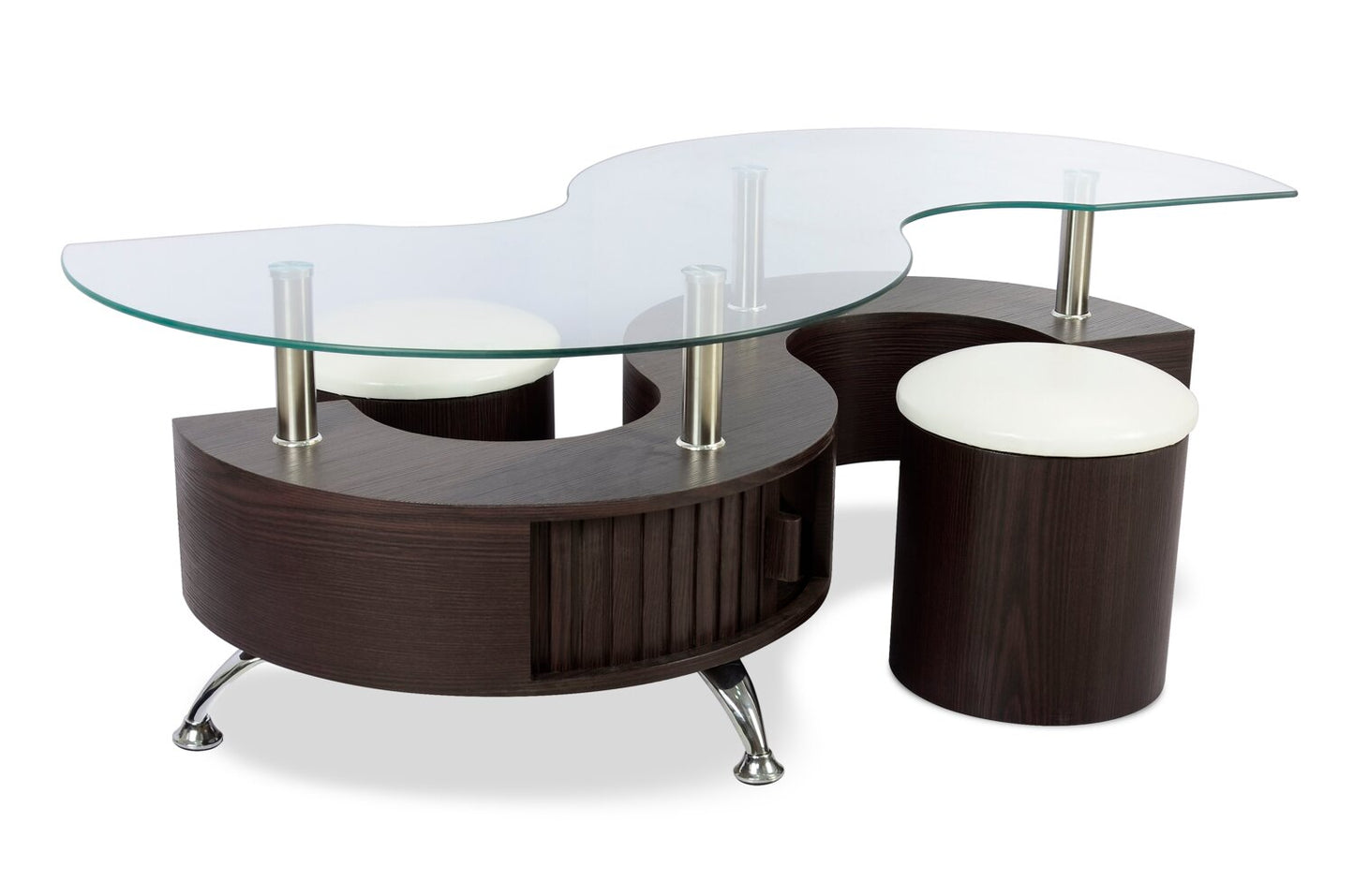 Savon 52.5" Modern S-shaped 3-Pack Coffee + 2 Ottomans with Storage and Shelf - Dark Walnut Wood and Chrome |Ensemble 3 articles modernes en forme de S Savon de 52,5 po (table à café et 2 poufs) avec rangement et tablette - bois noyer foncé et chrome