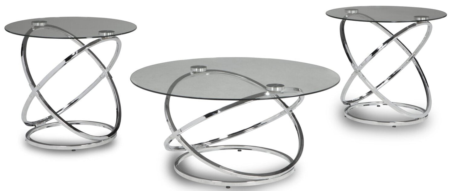 Hollynx 38" Glam Round 3-Pack Coffee + 2 End Tables - Silver Metal Base with Glass Top|Ensemble 3 tables rondes somptueuses Hollynx de 38 po (table à café et 2 tables de bout) - base en métal argenté avec dessus en verre