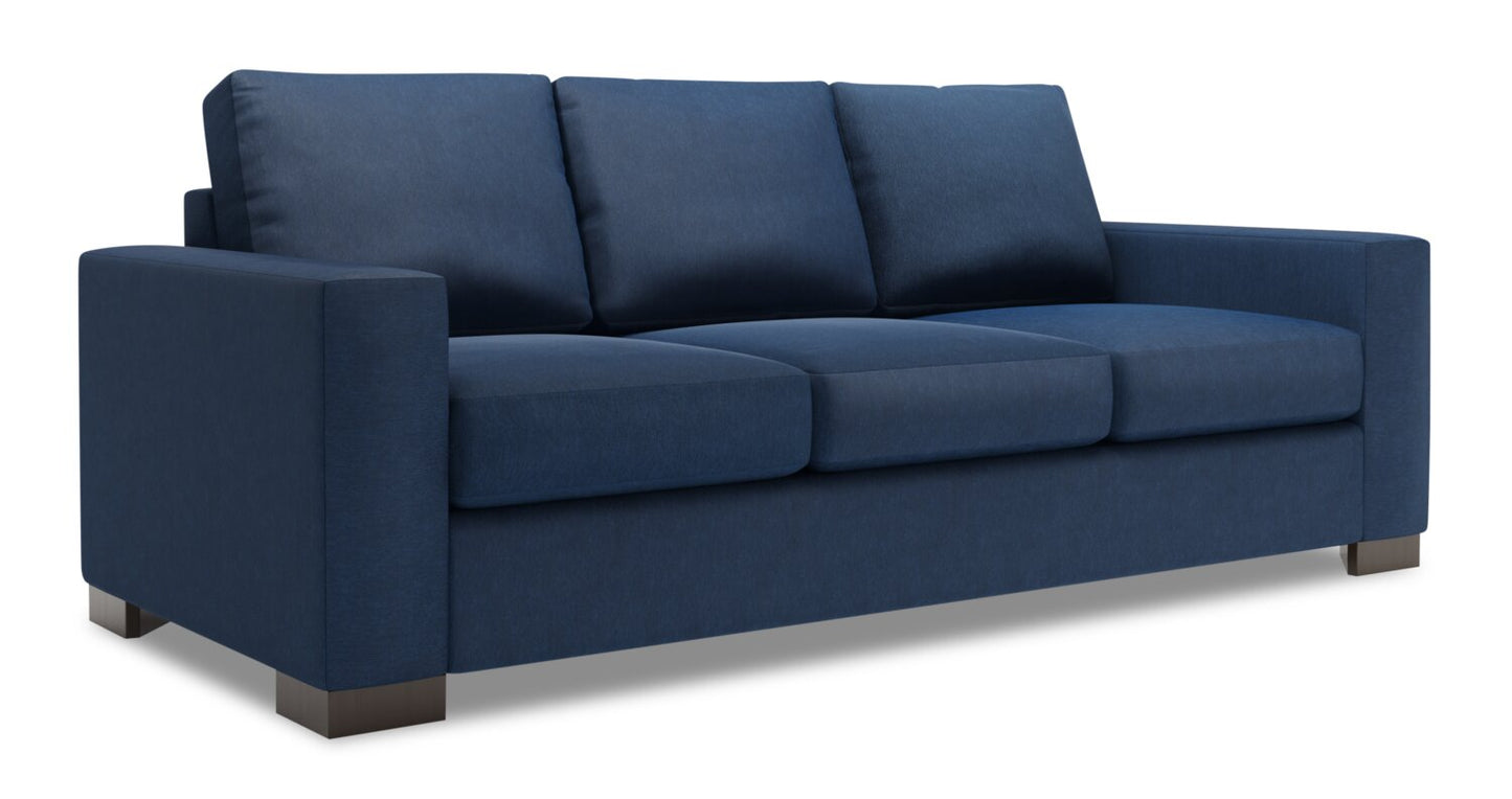 Made in Canada Customizable Sofa Lab Track 85" Linen-Look Fabric Sofa with Track Arms - Pax Navy Blue | Sofa Track de Sofa Lab de 85 po fabriqué au Canada en tissu d’apparence lin avec accoudoirs rectilignes - bleu Pax Navy | TR103149