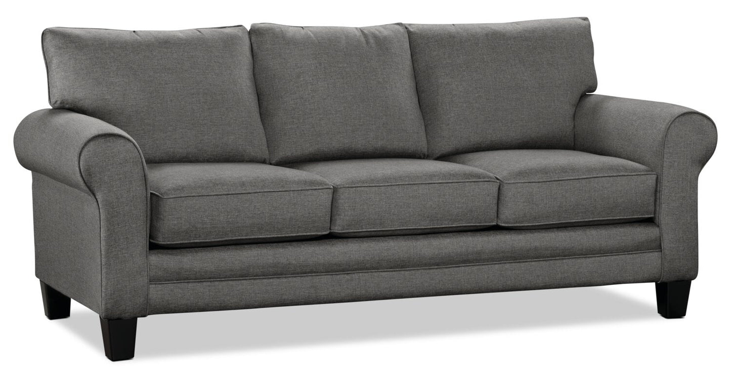 Made in Canada Tula 88" Fabric Sofa with Rolled Arms and Accent Pillows - Steel Grey | Sofa Tula de 88 po fabriqué au Canada en tissu avec accoudoirs enroulés et coussins décoratifs - gris acier