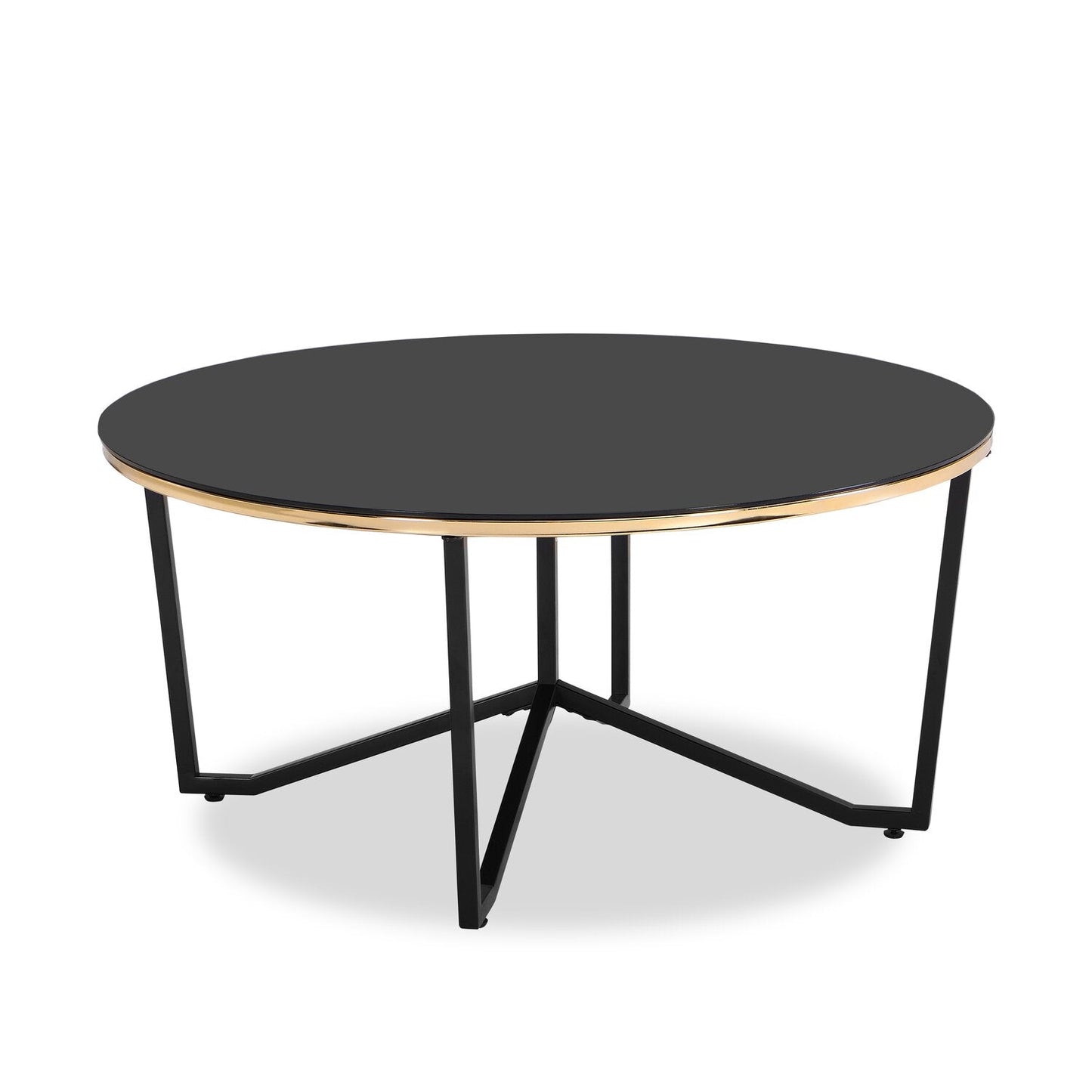 Xander 36" Modern Round Glass Top Coffee Table - Black and Gold with Metal Legs|Table à café ronde moderne Xander de 36 po avec dessus en verre - noire et dorée avec pattes en métal