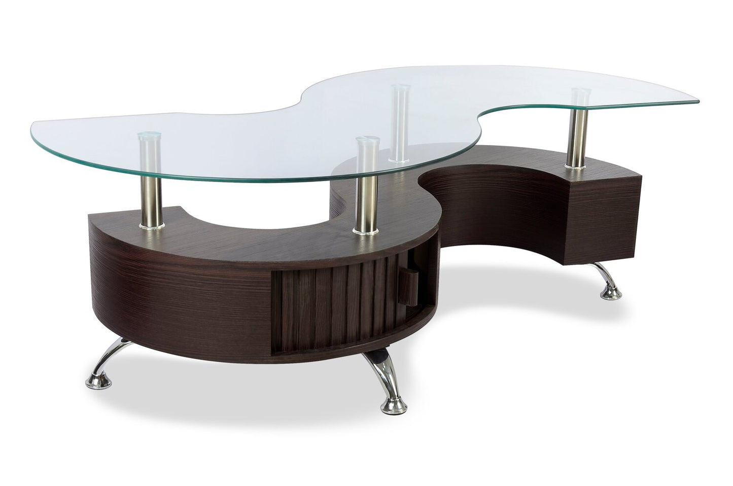 Savon 52.5" Modern S-shaped 3-Pack Coffee + 2 Ottomans with Storage and Shelf - Dark Walnut Wood and Chrome |Ensemble 3 articles modernes en forme de S Savon de 52,5 po (table à café et 2 poufs) avec rangement et tablette - bois noyer foncé et chrome