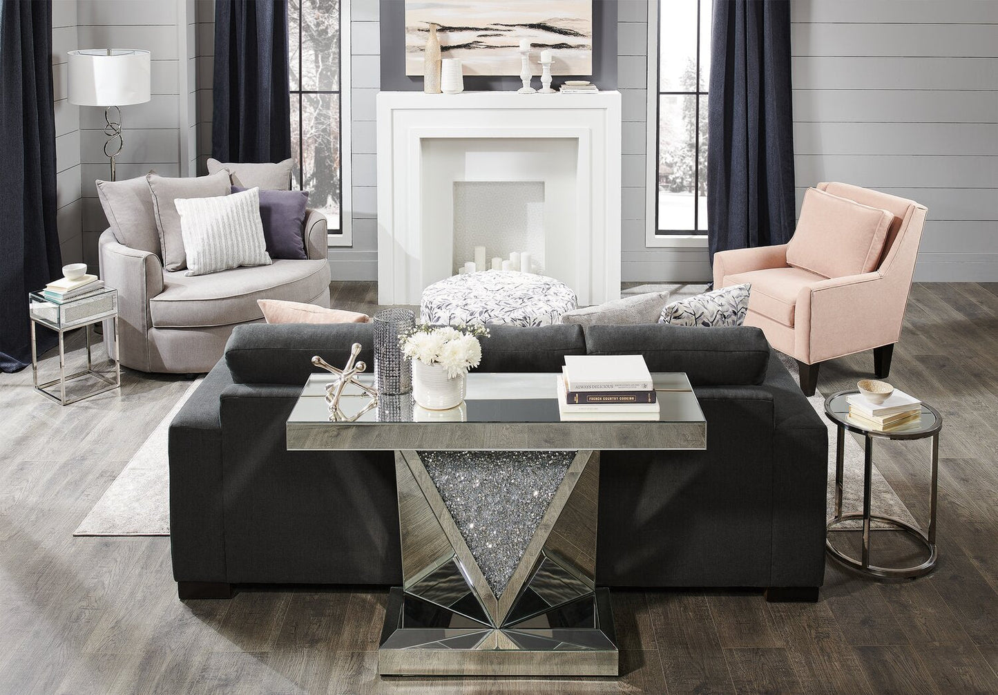 Made in Canada Customizable Sofa Lab Track 85" Linen-Look Fabric Sofa with Track Arms - Pax Pepper Grey | Sofa Track de Sofa Lab de 85 po fabriqué au Canada en tissu d’apparence lin avec accoudoirs rectilignes - gris Pax Pepper | TR102949