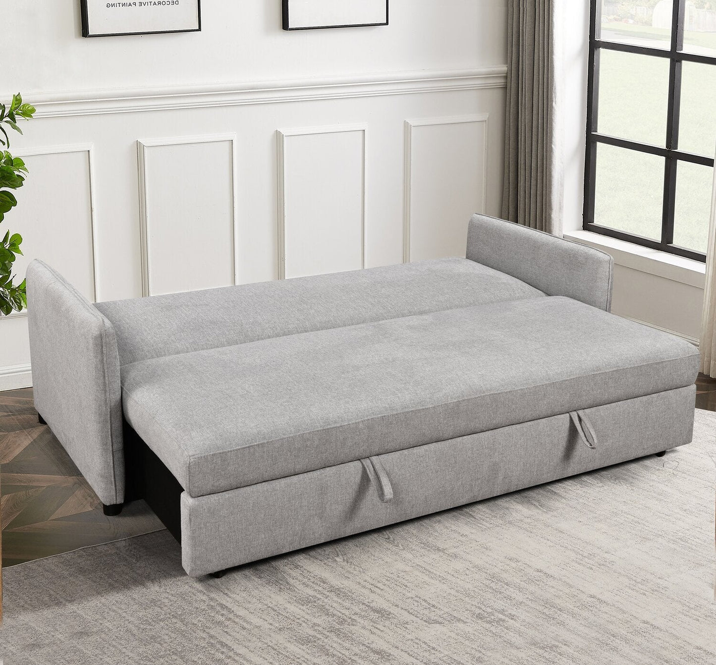 Shadow 82.5" Linen-Look Fabric Sleeper Sofa with Storage and Two Armrest Pillows - Grey | Sofa-lit Shadow de 82,5 po en tissu d’apparence lin avec rangement et deux accoudoirs coussinés - gris