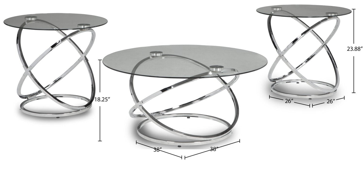Hollynx 38" Glam Round 3-Pack Coffee + 2 End Tables - Silver Metal Base with Glass Top|Ensemble 3 tables rondes somptueuses Hollynx de 38 po (table à café et 2 tables de bout) - base en métal argenté avec dessus en verre