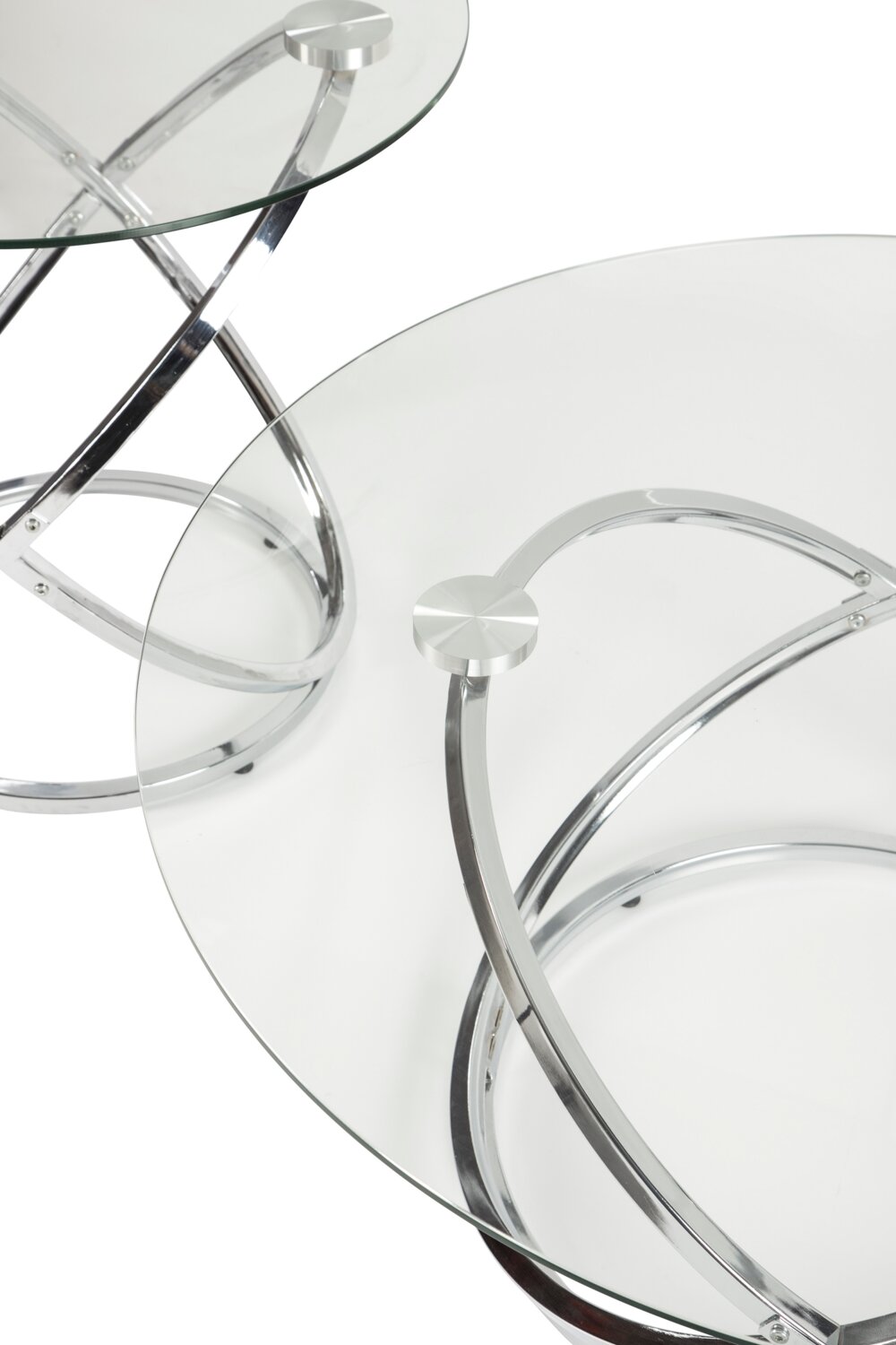 Hollynx 38" Glam Round 3-Pack Coffee + 2 End Tables - Silver Metal Base with Glass Top|Ensemble 3 tables rondes somptueuses Hollynx de 38 po (table à café et 2 tables de bout) - base en métal argenté avec dessus en verre