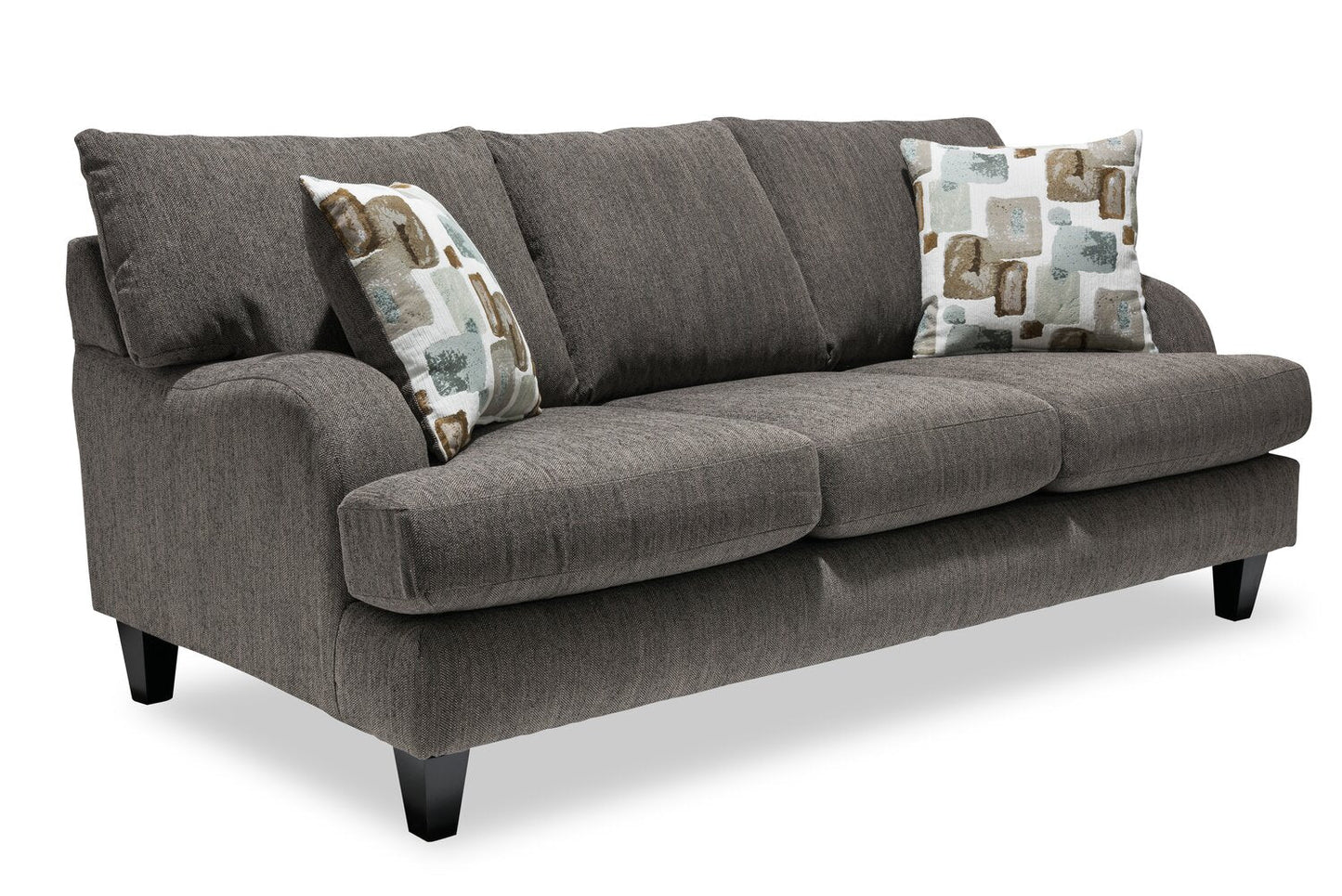 Made in Canada Nofia 80" Chenille Fabric Sofa with Two Accent Pillows and Wood Legs - Charcoal Grey | Sofa Nofia de 80 po fabriqué au Canada en tissu de chenille avec 2 coussins décoratifs et pattes en bois - gris anthracite
