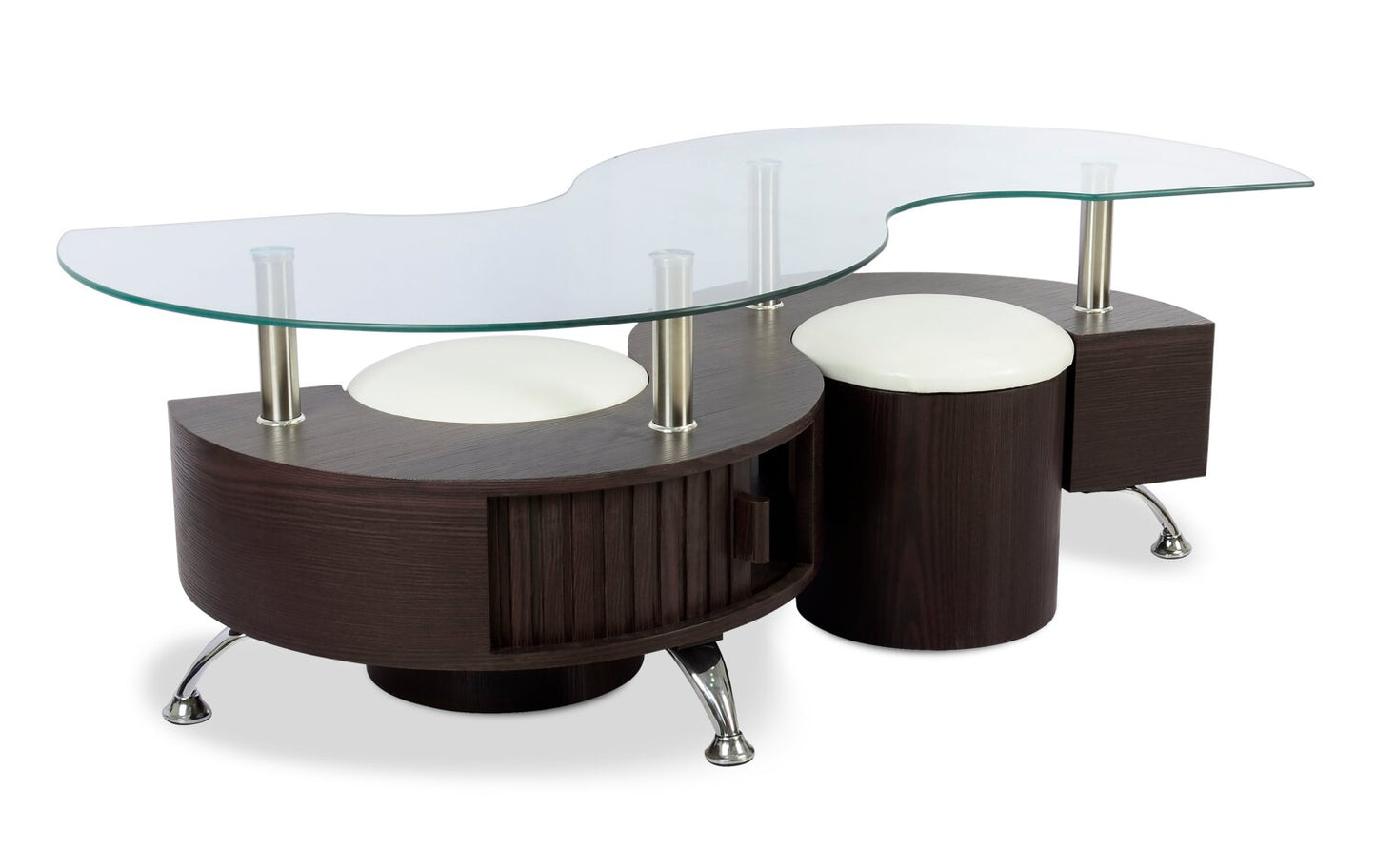 Savon 52.5" Modern S-shaped 3-Pack Coffee + 2 Ottomans with Storage and Shelf - Dark Walnut Wood and Chrome |Ensemble 3 articles modernes en forme de S Savon de 52,5 po (table à café et 2 poufs) avec rangement et tablette - bois noyer foncé et chrome