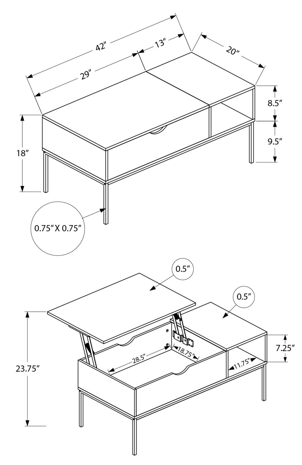 Bence 42" Modern Lift Top Coffee Table with Storage - Taupe with Black Metal Legs|Table à café moderne Bence de 42 po avec dessus relevable et rangement - taupe avec pattes en métal noir