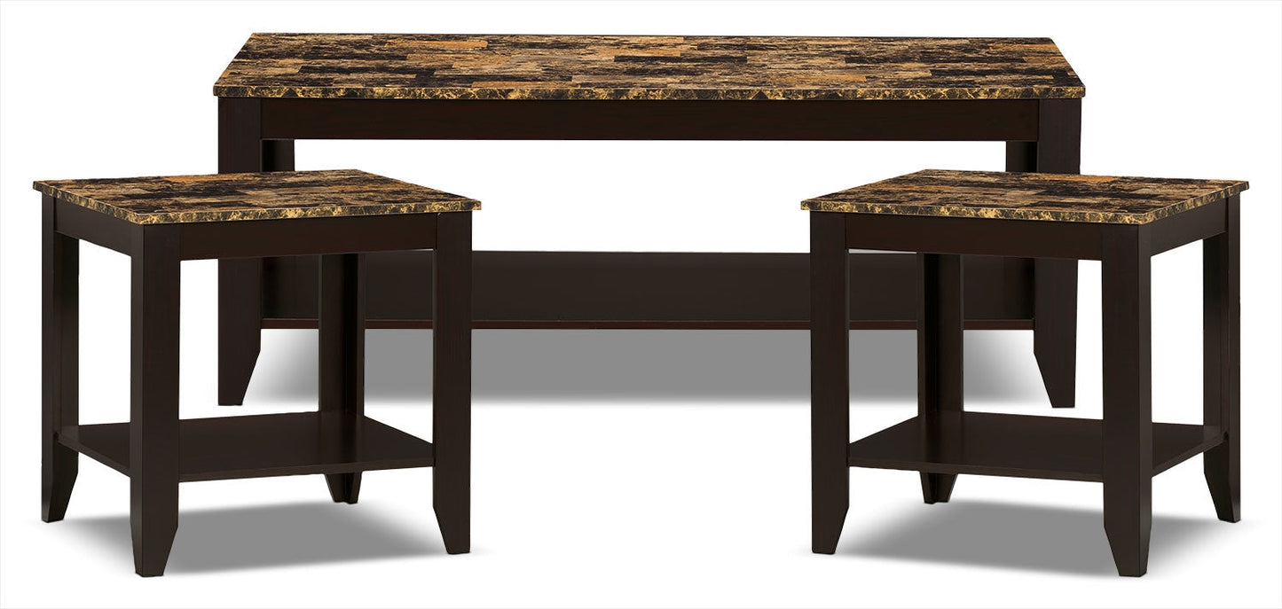 Roma 47.5" Rustic 3-Pack Coffee + 2 End Tables with Shelf - Cappucino Marble Look |Ensemble 3 tables rustiques Roma de 47,5 po (table à café et 2 tables de bout) avec tablette - imitation de marbre cappuccino