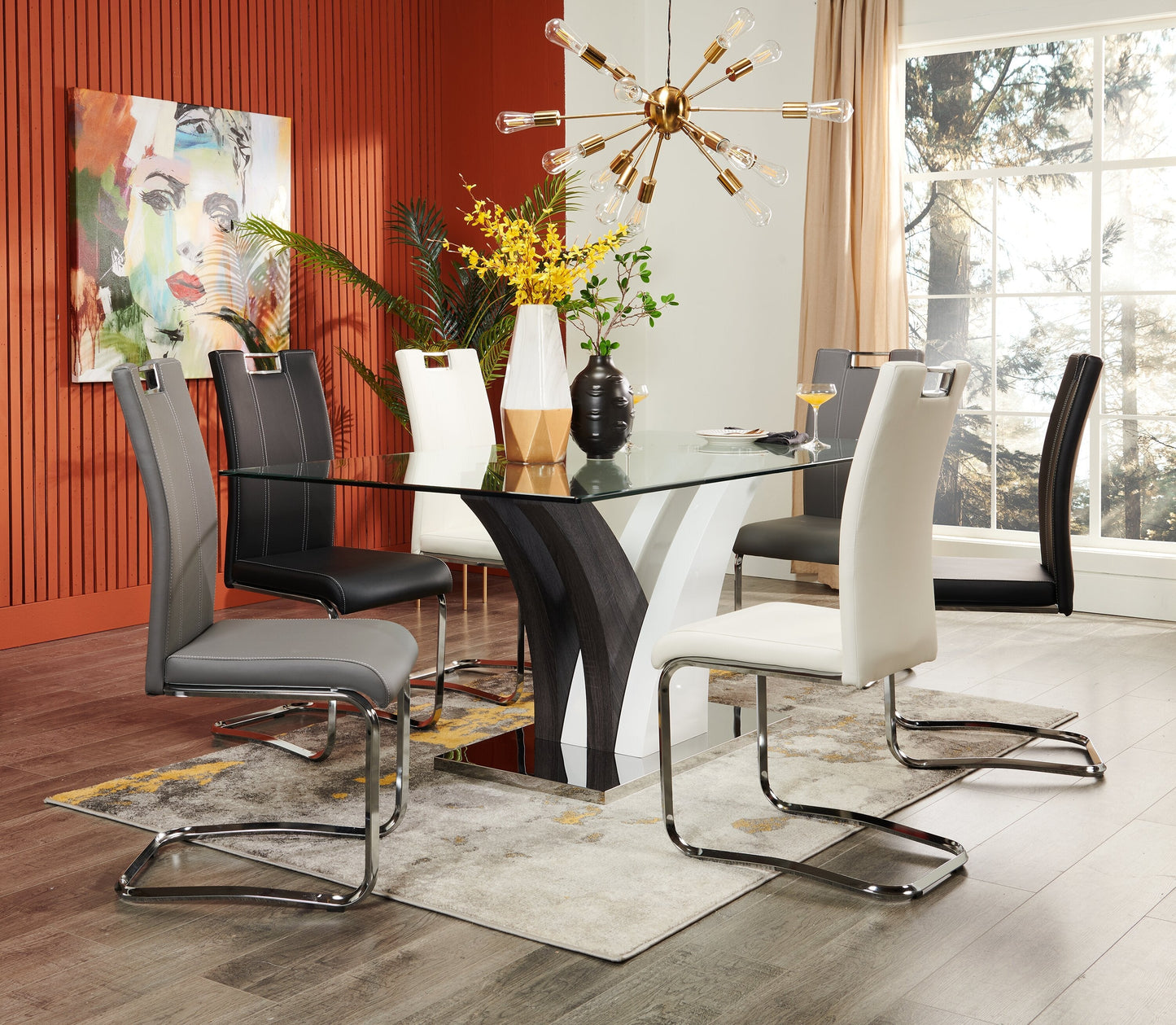 Tuxedo Dining Table with Glass Top, Pedestal Base, 72"W - Grey & White | Table de salle à manger Tuxedo de 72 po (L) avec dessus en verre et base piédestal - grise et blanche