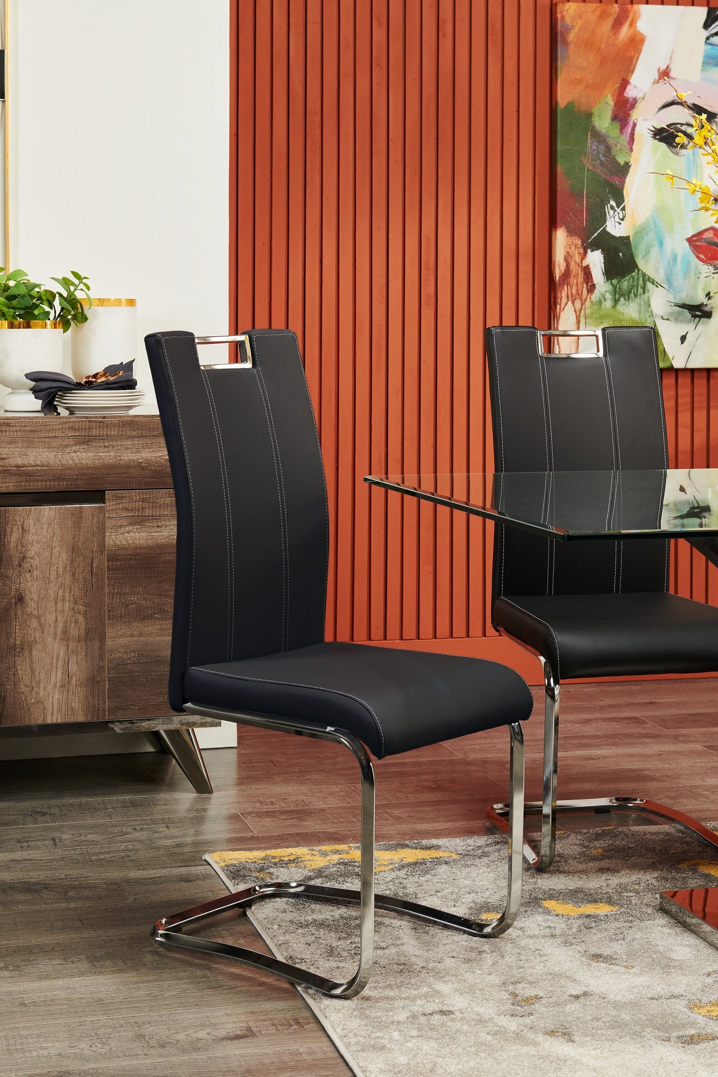 Tuxedo Dining Chair with Vegan-Leather Fabric, Metal - Black | Chaise de salle à manger Tuxedo en tissu de cuir végétalien et en métal - noire