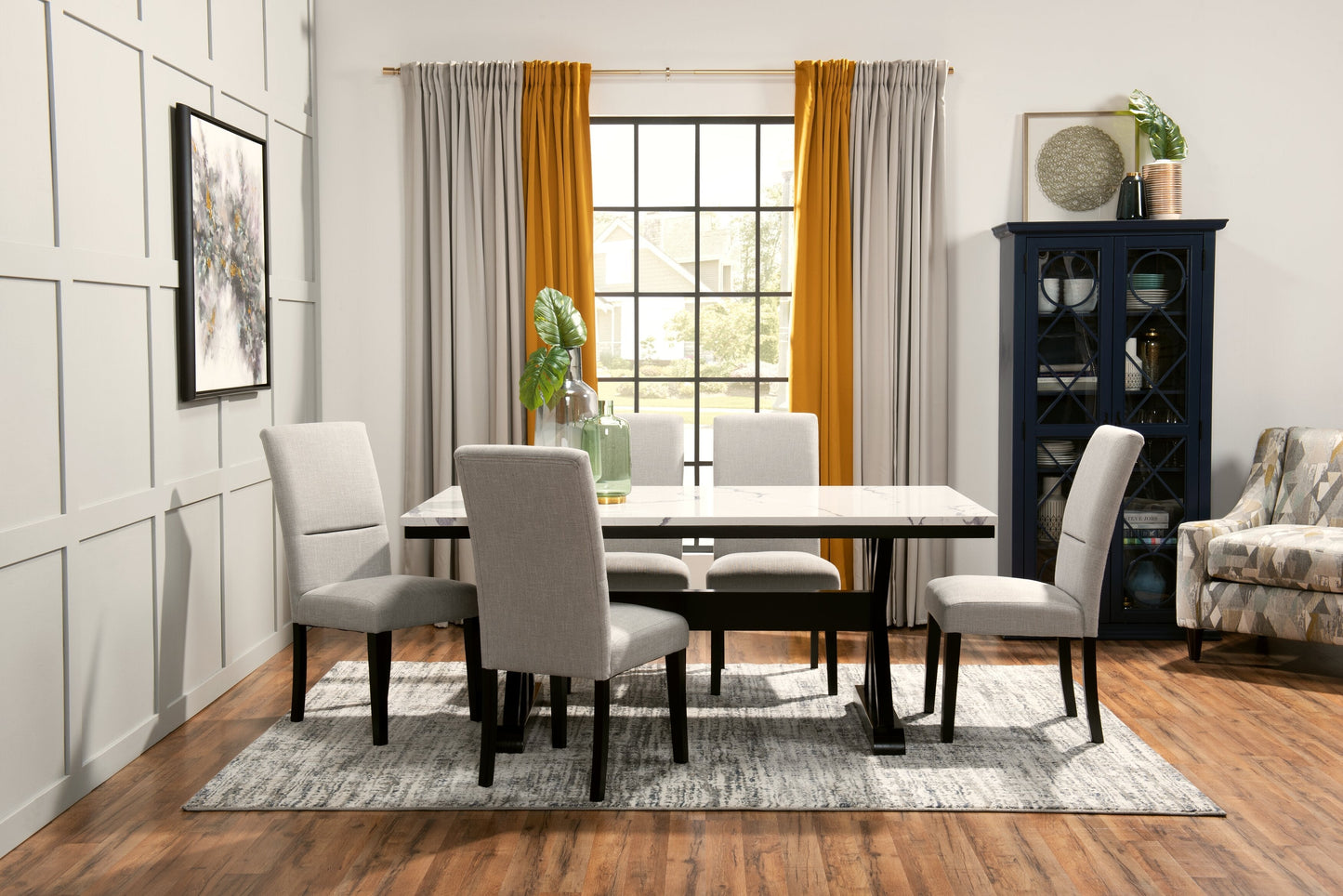 Verona Dining Table with Culture Marbled Top, Trestle Base, 70"W - White | Table de salle à manger Verona de 70 po (L) avec dessus en marbre synthétique et base à tréteaux - blanche