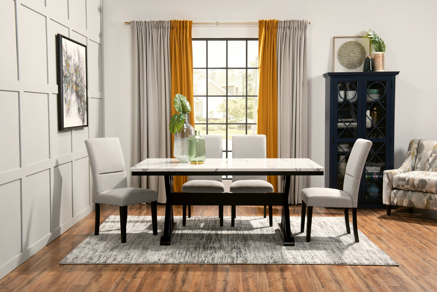 Verona Dining Table with Culture Marbled Top, Trestle Base, 70"W - White | Table de salle à manger Verona de 70 po (L) avec dessus en marbre synthétique et base à tréteaux - blanche