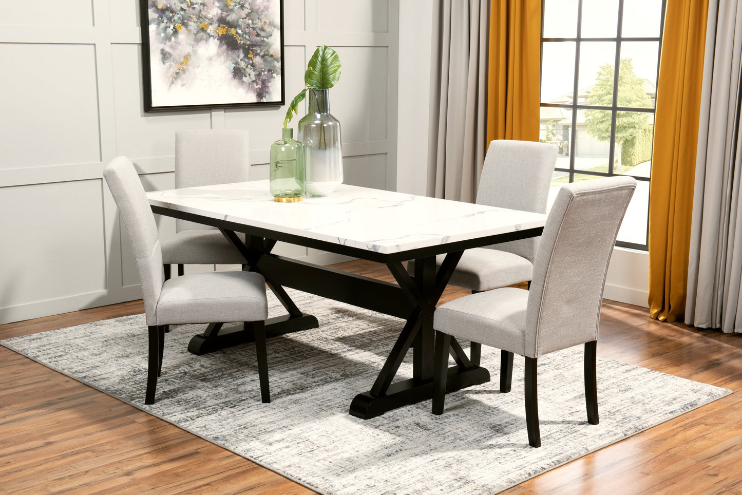 Verona Dining Table with Culture Marbled Top, Trestle Base, 70"W - White | Table de salle à manger Verona de 70 po (L) avec dessus en marbre synthétique et base à tréteaux - blanche