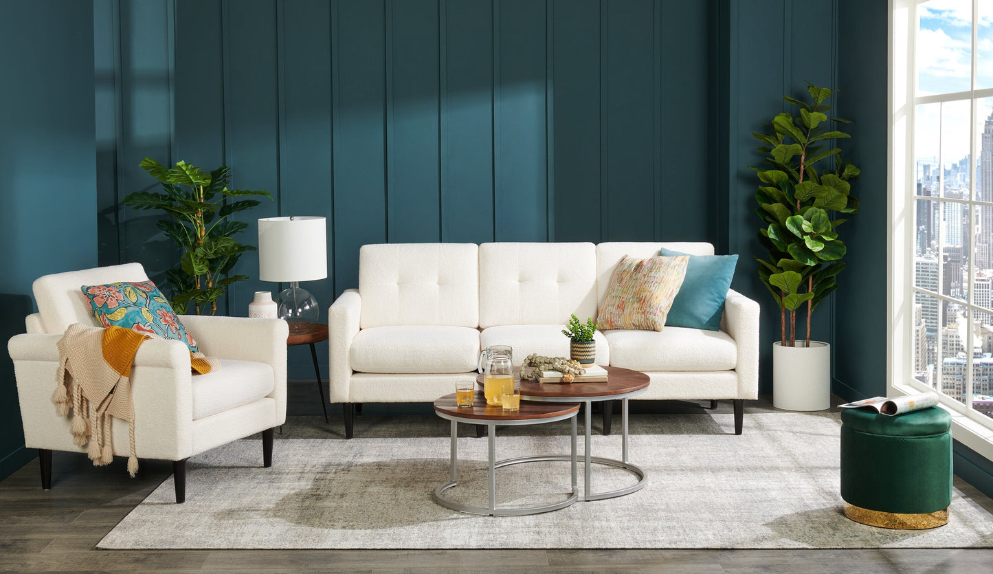 Veranasi 30" Rustic Round Nesting Coffee Tables - Washed Light Brown Wood Top and Iron Legs|Tables à café gigognes rondes rustiques Veranasi de 30 po - dessus en bois brun clair délavé et pattes en fer